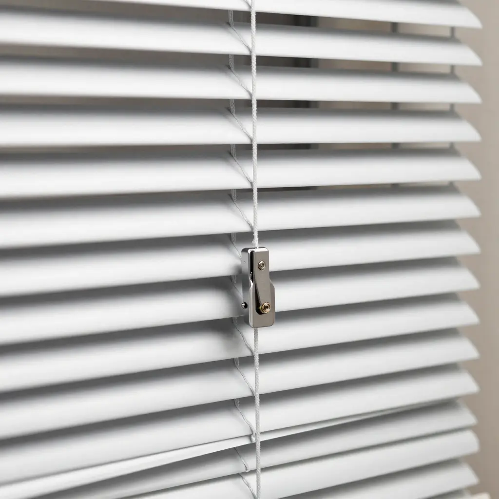 Close-up of premium horizontal blinds showing precision slats and control mechanism